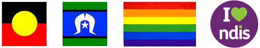 An aboriginal flag, a Torrens Strait Islander flag, a Pride flag and an N.D.I.S. logo